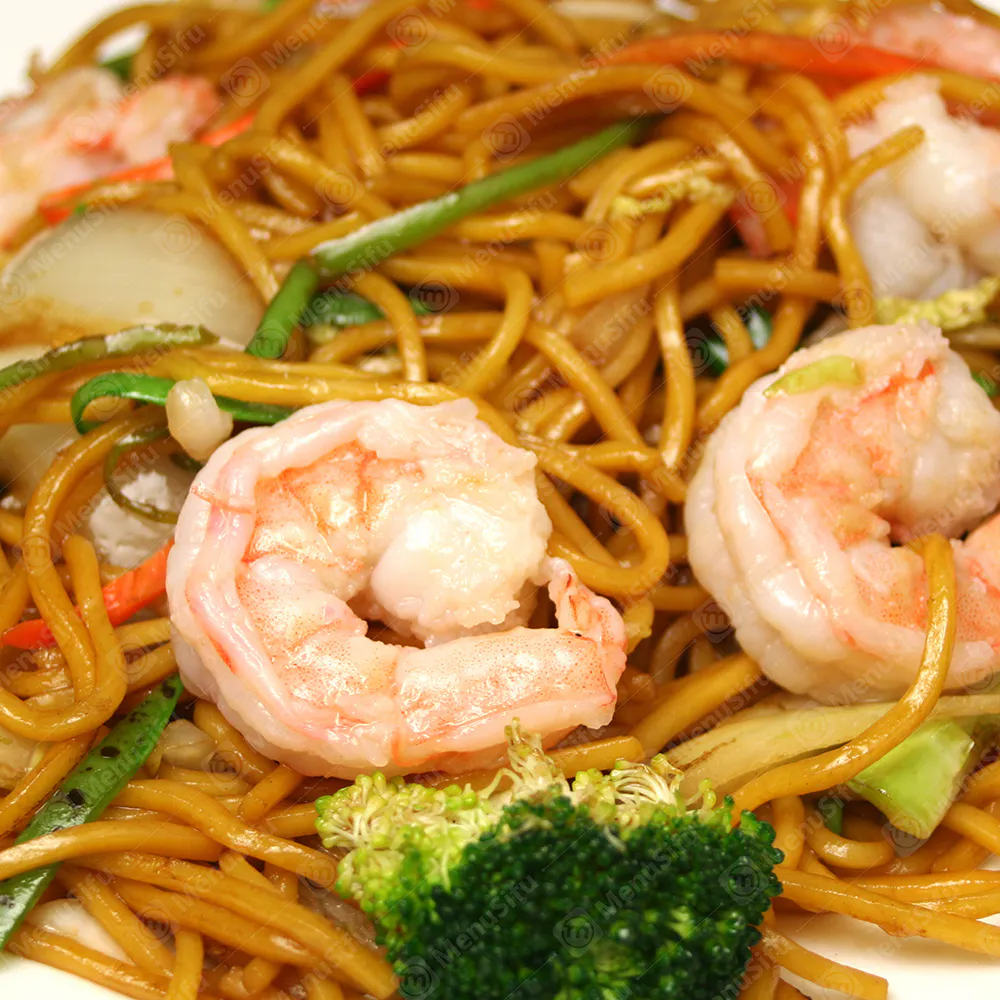 Shrimp lo mein noodles with broccoli and veggies at HuNan Impression, a Chinese Restaurant in Barrington